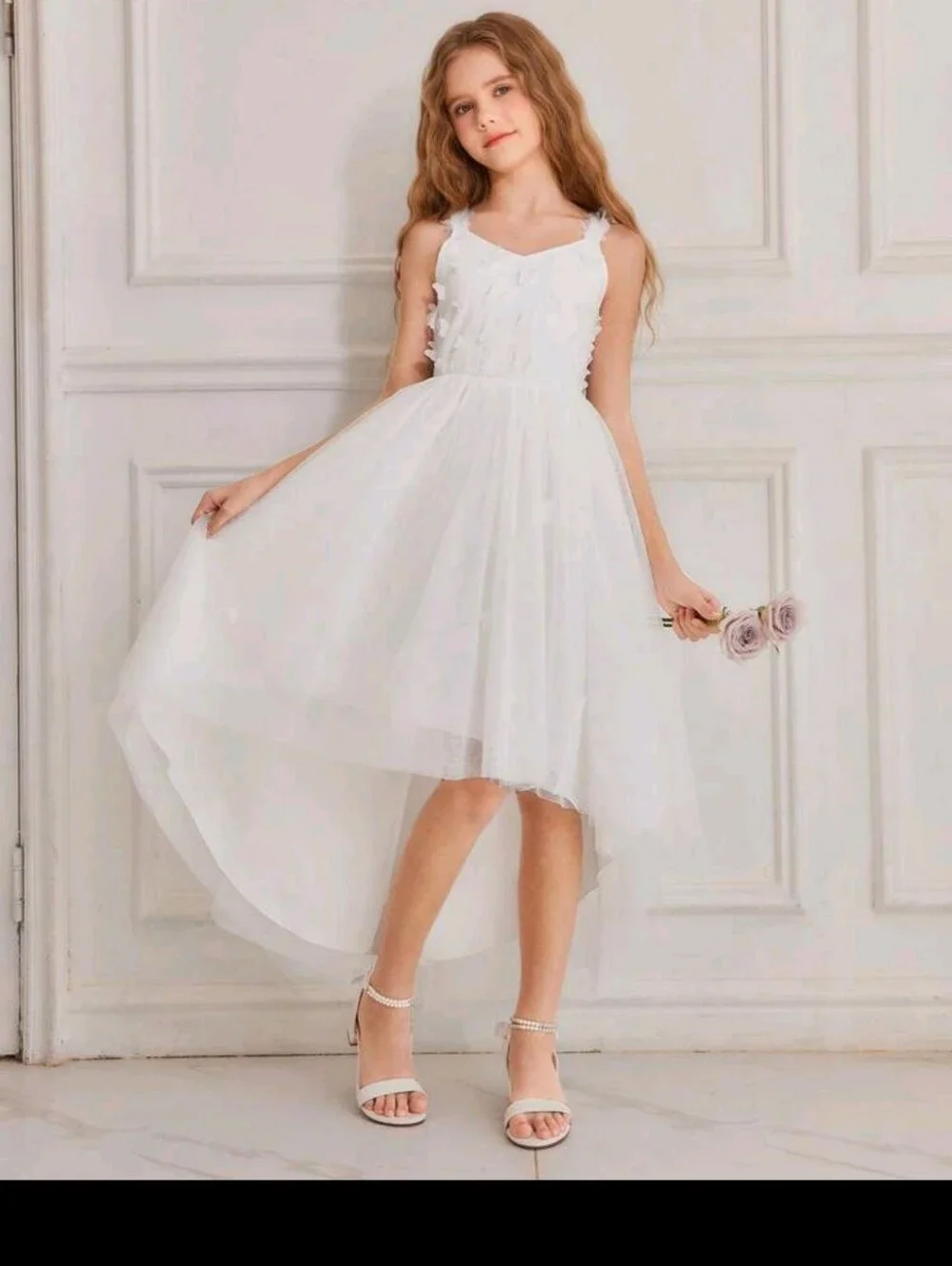 Tween Girls White Butterfly Tuelle Hi Low Dress (Size 8)